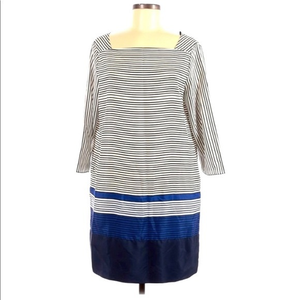 Zara Basic L black/white/blue stripe‎ square neck 3/4 sleeves shift dress